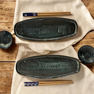 Stoneware Sushi Plate Set for Two with Saucers and Chopsticks – Dark Blue Handmade Ceramic