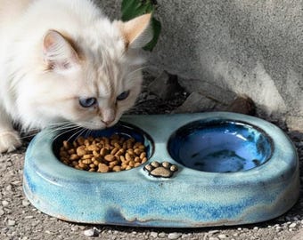 Handgemachter Doppelnapf aus Steinzeug | Minimalistischer Futterspender für Katzen & kleine Hunde