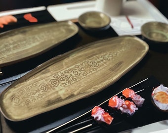 Pottery Sushi Plate Set with Saucer • Stoneware Sushi Serving Set for 2 • Japanese Dinnerware Set • Sushi Board and Bowl • Sushi Lover Gift