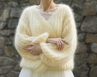 Bridal Cardigan, Fuzzy Sweater, Wedding Knit Sweater, Ready to Ship Fluffy Cardigan, Chunky Knit Cardigan