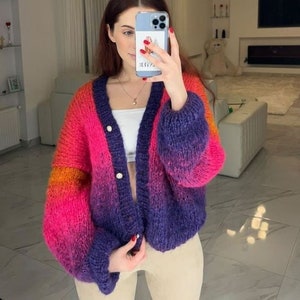 Chunky Knit Cardigan, Mohair Knit Sweater, Puffy Knit Cardigan, Gift for Her