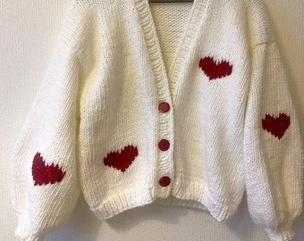 Heart Cardigan, Chunky  Knitted Cardigan, Oversize Knit Sweater, White Cardigan