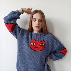 Handmade Clothes, Red Cat Face Sweater, Cosplay Jumper, Birthday  Gift, Cartoon sweater