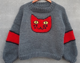 Woll-Strickpullover, Strickpullover mit Katzengesicht, Flauschiger Pullover, Geschenk, Grauer Pullover mit rote Katze, Individualisierbar