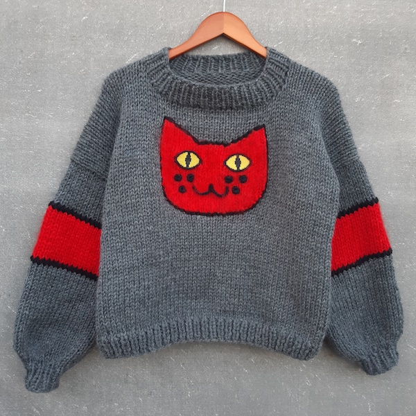 Woolly Knit Sweater, Knitted Sweater with Cat face,  Fluffy Sweater, Gift, Gray Sweater with red Cat, Customizable
