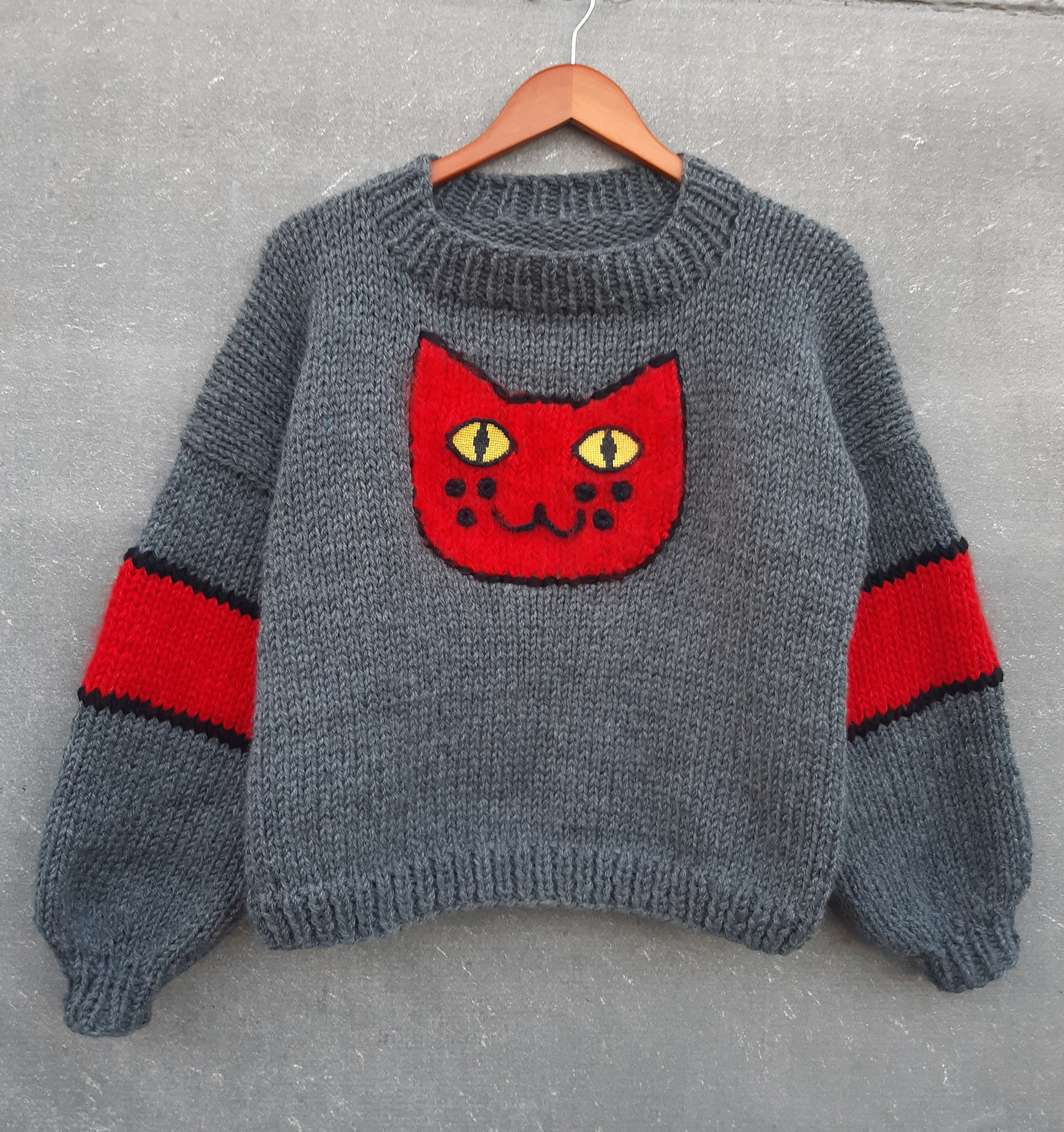 Woolly Knit Sweater Knitted Sweater With Cat Face Fluffy Sweater Gift Gray Sweater With Red Cat Customizable Etsy