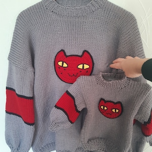 Grey Cat Knit Pullover – Cozy Handmade Unisex Sweater, Bold Cartoon Style Knitwear