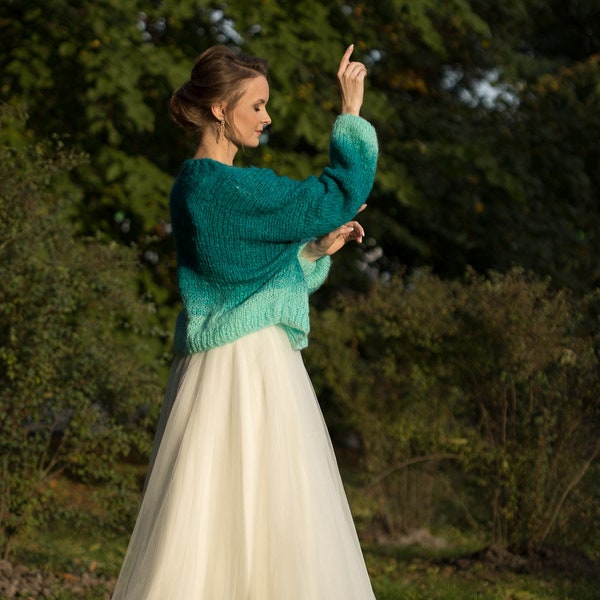 Cardigan de mariée vert émeraude, Cardigan en mohair en tricot, pull de mariage, cardigan en tricot moelleux, pull en tricot épais