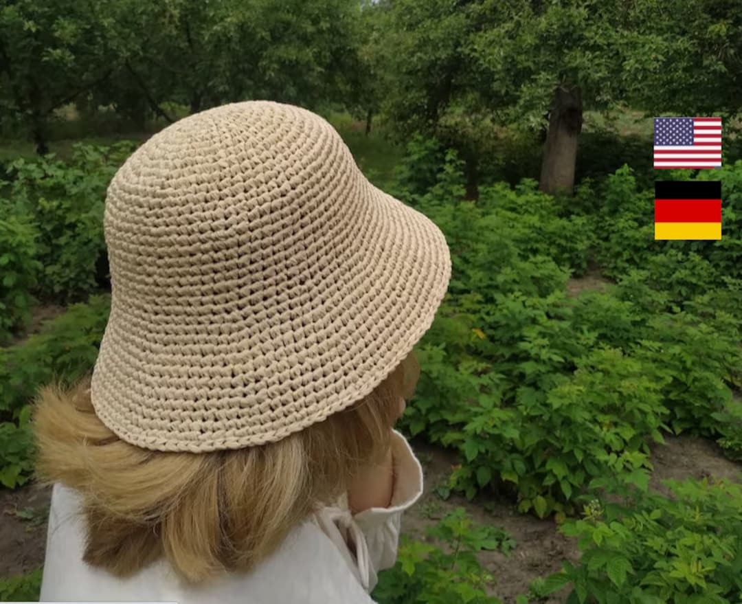 Raffia Crochet Hat Pattern, Deutsch and US Terms, Bucket Hat Tutorial