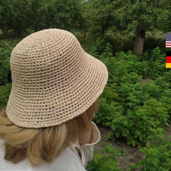 Raffia Crochet Hat Pattern, Deutsch and US Terms, Bucket Hat Tutorial, DIY and How To, Gift for Crocheters