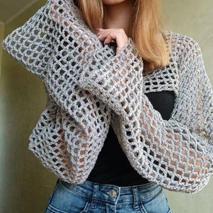 ★ PISCESS★ Solid Crochet Bolero Gray 5006091495 Crochet Top Pattern, Fishnet Bolero, Wide Sleeves Crochet