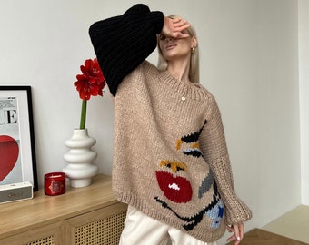 Woolly Knit Popart Sweater, Knitted Sweater with face,  Fluffy Sweater, Gift, Beige Sweater , Customizable