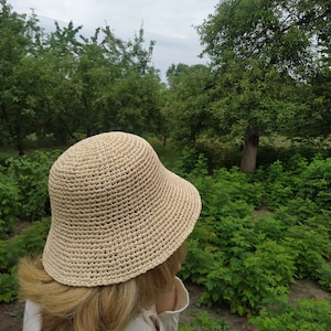 Raffia Crochet Hat, Handmade Summer Sun Hat, Cloche Hat, Minimalist Beach Hat for Women