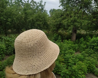 Raffia Crochet Hat, Handmade Summer Sun Hat, Cloche Hat, Minimalist Beach Hat for Women