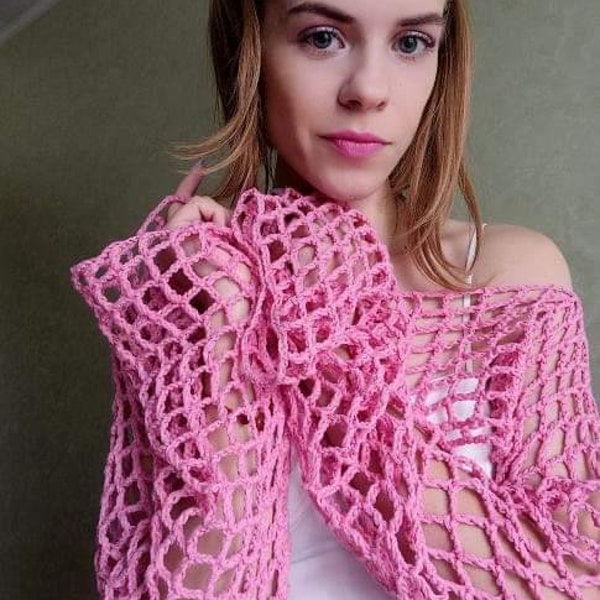 Crochet Shrug Pattern, Crochet Fishnet Top Tutorial, Y2K Crochet Top, Fishnet Long Sleeve, Gift for Crocheters