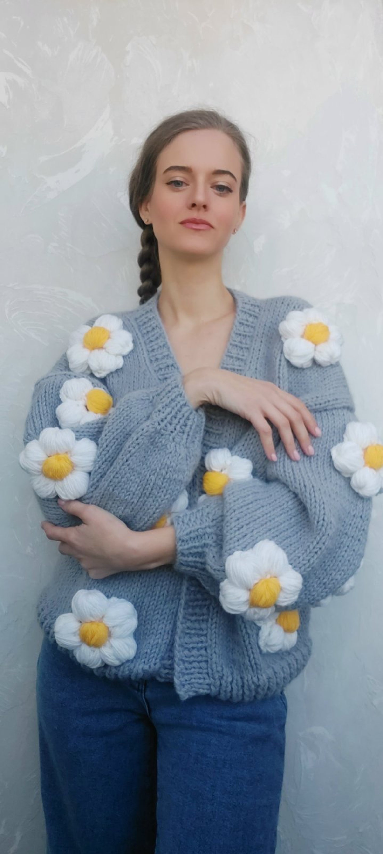 Floral Knit Cardigan Knit Flower Sweater Ready to Ship Knit Etsy