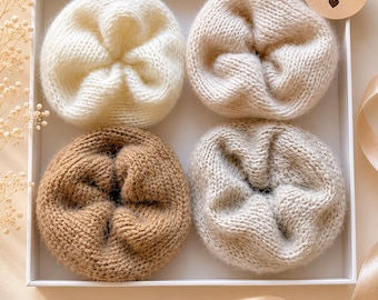 Set of 4 Alpaca Silk Scrunchies Neutral Hair Tie Set Fluffy Knit Scrunchies Luxury Mohair Scrunchie Soft Handmade Hair Accessories