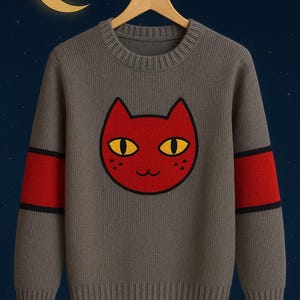 Suéter de punto de gato gris: acogedor suéter unisex hecho a mano, prenda de punto con un llamativo estilo de dibujos animados.