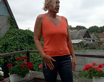 Bright Orange Knitted Tank Top, Handmade Organic Cotton Knitted Tank Top, Summer Casual Women Tank Top