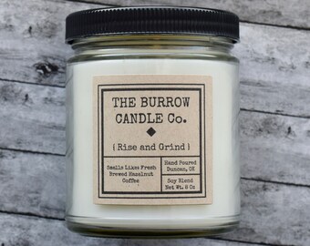 Rise and Grind Candle | Hazelnut Coffee Candle | Handmade Premium Soy Blend Candle or Wax Melts | The Burrow Candle Company