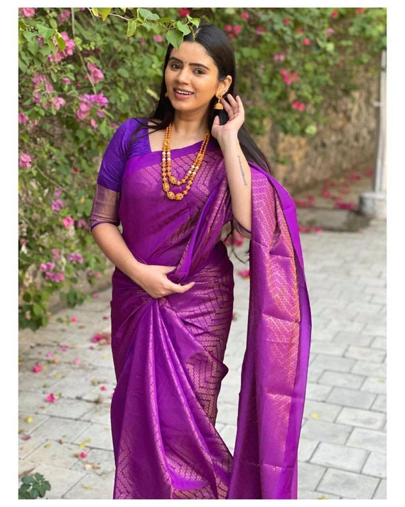 Lilac Purple Kanjivaram Silk Saree With Floral Jaal Weaving | Singhania's
