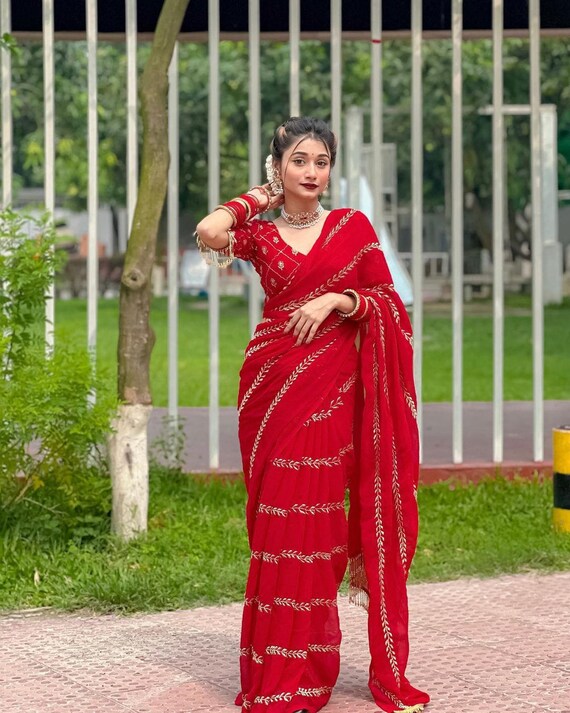 Red Saree Customised Ready to Wear Blouse With Saree Bollywood
