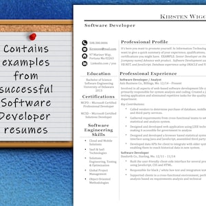 May include: A white resume template with a blue background. The resume is for a software developer named Kirsten Wiggins. The resume includes contact information, education, certifications, skills, professional profile, and professional experience. The resume is formatted with bullet points and headings.
