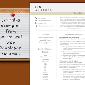 Może przedstawiać: Curriculum vitae dla programisty web o imieniu Jon Guilford. CV zawiera dane kontaktowe, wykształcenie, kluczowe kwalifikacje i doświadczenie zawodowe. CV podkreśla doświadczenie w projektowaniu stron internetowych, zarządzaniu treścią i programowaniu multimedialnym. CV zawiera również doświadczenie w tworzeniu aplikacji internetowych, stron internetowych i aplikacji mobilnych.