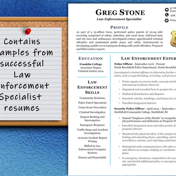 Law Enforcement Specialist / Police Officer Template w Successful Real World Resume Examples | ATS Friendly | Instant Download | Letter / A4