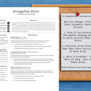 May include: A resume template with a blue and white color scheme. The template is customizable and includes sections for contact information, education, experience, relevant coursework, core skills, and a profile. The template also includes a section for a personalized message from the creator.