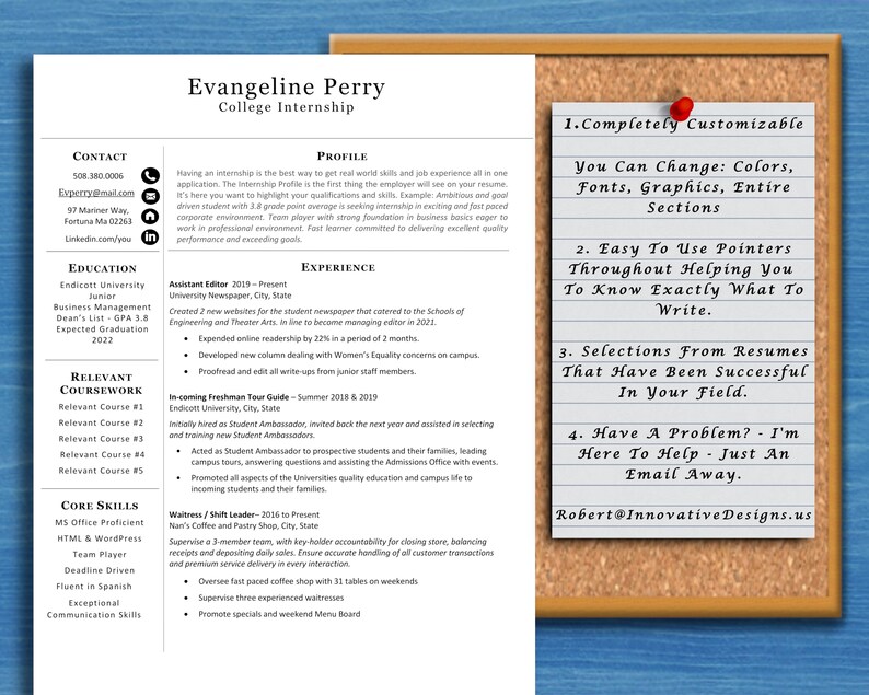 May include: A resume template with a blue and white color scheme. The template is customizable and includes sections for contact information, education, experience, relevant coursework, core skills, and a profile. The template also includes a section for a personalized message from the creator.