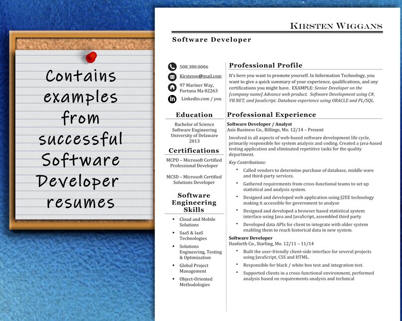 May include: A white resume template with a blue background. The resume is for a software developer named Kirsten Wiggins. The resume includes contact information, education, certifications, skills, professional profile, and professional experience. The resume is formatted with bullet points and headings.