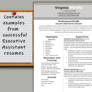 May include: A resume template with a corkboard background and the text "Contains examples from successful Executive Assistant resumes". The resume is for Virginia Moore, an Executive Administrative Assistant with 12 years of experience. The resume highlights her skills, experience, education, and awards.