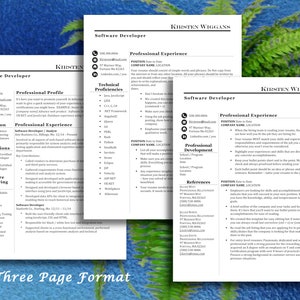 May include: A three-page resume template for a software developer. The resume includes sections for professional experience, education, certifications, software engineering skills, and references. The resume is formatted in a clean and professional manner.