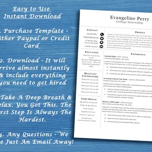 May include: A blue and white resume template with the text "Easy to Use Instant Download" at the top. The resume template is for a college internship and includes sections for contact information, education, experience, relevant coursework, core skills, and a profile section. The resume template is designed to be easily downloaded and used.