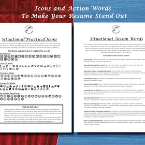 May include: A black and white printable guide with icons and action words to help you make your resume stand out. The guide includes a list of icons that can be used to replace words on your resume, as well as a list of action words that can be used to describe your skills and experience.