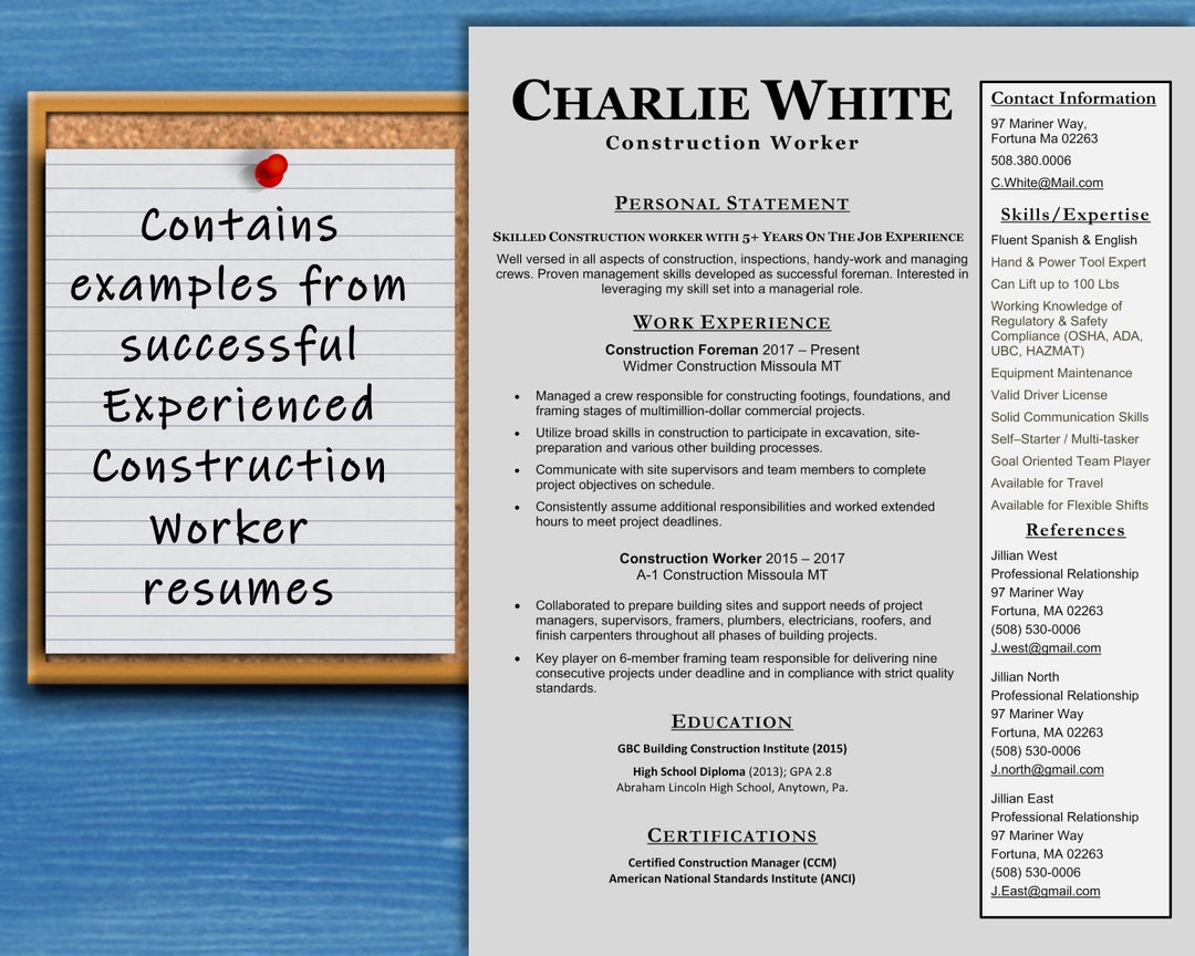 Construction Worker /carpenters/laborers One Page Resume W Successful