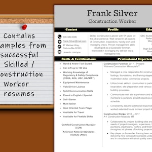 May include: A resume for a skilled construction worker named Frank Silver. The resume highlights his experience as a construction foreman and laborer, including his skills in managing crews, safety compliance, and communication. It also lists his certifications, such as Certified Construction Manager (CCM) and American National Standards Institute (ANCI).