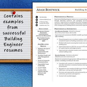 May include: A resume for a Building Engineer named Adam Bostwick. The resume includes his contact information, education, job experience, and skills. The resume is formatted with a blue background and white text.