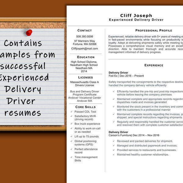 Delivery Driver / Long Haul Driver 1 Page  Resume Template w Successful Real World Examples | ATS Friendly | Instant Download | Letter or A4