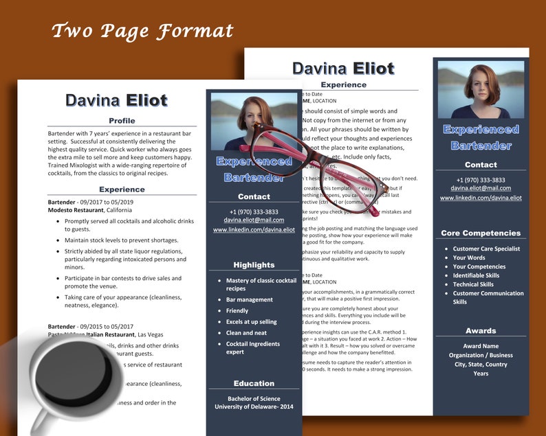 Instant Download ATS Friendly LetterPages Experienced Bartender Food Service Pro Template With Successful Real World Resume Examples