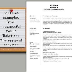 May include: A white corkboard with a red pushpin holding a white card with black text that reads "Contains examples from successful Public Relations Professional resumes".