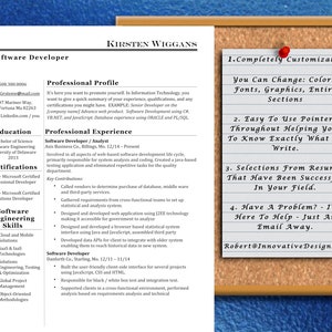 May include: A resume template with a corkboard background. The corkboard has four points listed in red text. The points are: 1. Completely Customizable, 2. Easy To Use Pointers, 3. Selections From Resumes, 4. Have A Problem? I'm Here To Help - Just An Email Away. The text below the points is: Robert@InnovativeDesigns.us