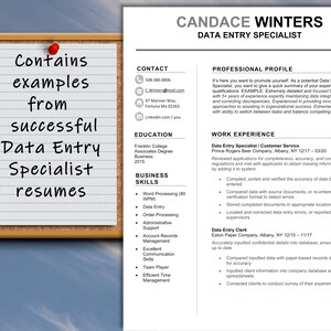 Può includere: Un curriculum vitae per una specialista di immissione dati di nome Candace Winters. Il curriculum vitae include informazioni di contatto, istruzione, esperienza lavorativa e competenze. Il curriculum vitae è formattato con un design professionale e include una sezione intitolata "Profilo professionale" in cui Candace evidenzia le sue competenze e la sua esperienza.