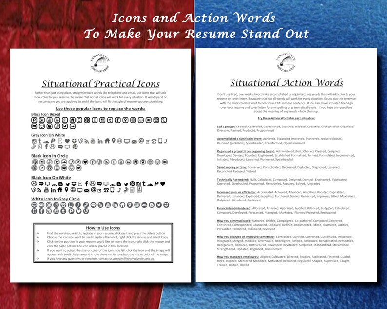 May include: A black and white graphic with the text "Icons and Action Words To Make Your Resume Stand Out". The graphic shows a list of icons and action words to use on a resume. The icons are in black, white, and gray.