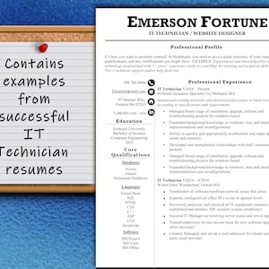 May include: A resume for an IT Technician and Website Designer named Emerson Fortune. The resume includes a professional profile, work experience, education, and core qualifications. The resume is formatted with a white background and black text.