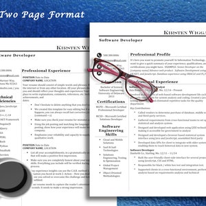 May include: A two-page resume for a software developer named Kirsten Wiggins. The resume includes a professional profile, professional experience, technical proficiencies, and software engineering skills. The resume is formatted in a two-column layout.