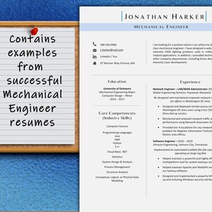 May include: A resume for a Mechanical Engineer named Jonathan Harker. The resume lists his education, work experience, and core competencies. The resume is on a blue background with a corkboard in the top left corner.