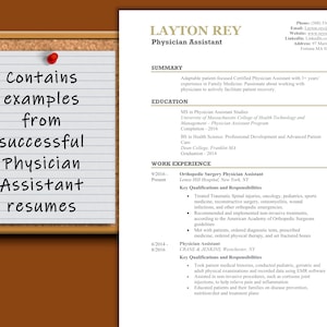 May include: A white board with black text that reads "Contains examples from successful Physician Assistant resumes".