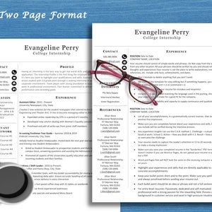 May include: A two-page resume template for a college internship. The resume is formatted with a professional layout and includes sections for contact information, education, experience, relevant coursework, core skills, interests, and references. The resume is designed to be easily edited and customized.